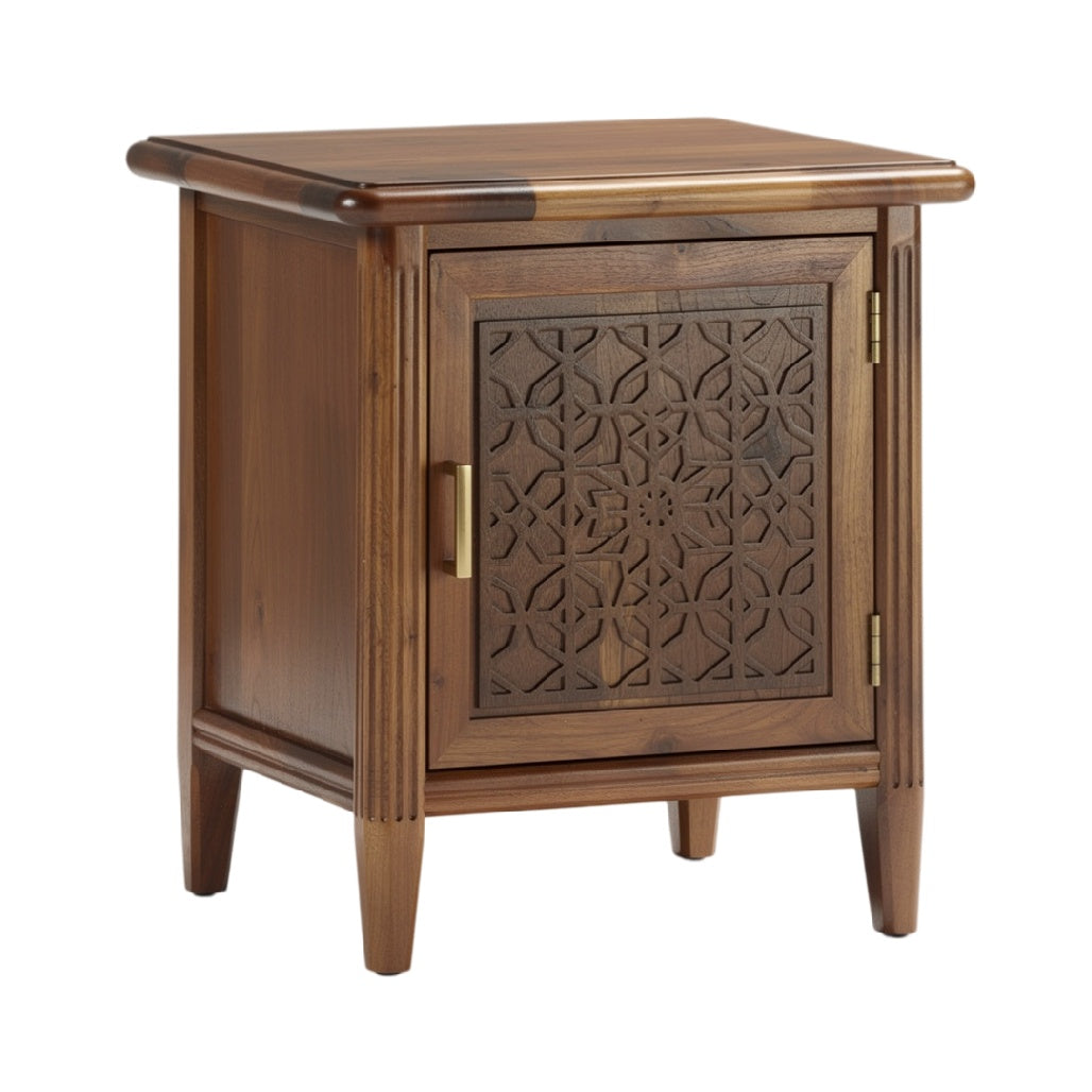 **Table de chevet en bois massif avec motif sculpté**